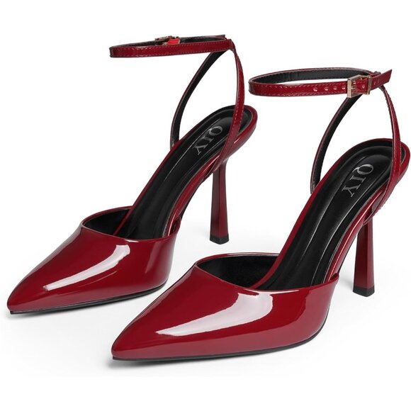 Women Burgundy Pumps Stiletto Wedding Dress Closed Toe Ankle Strap Heel Shoes - Picture 3 of 7